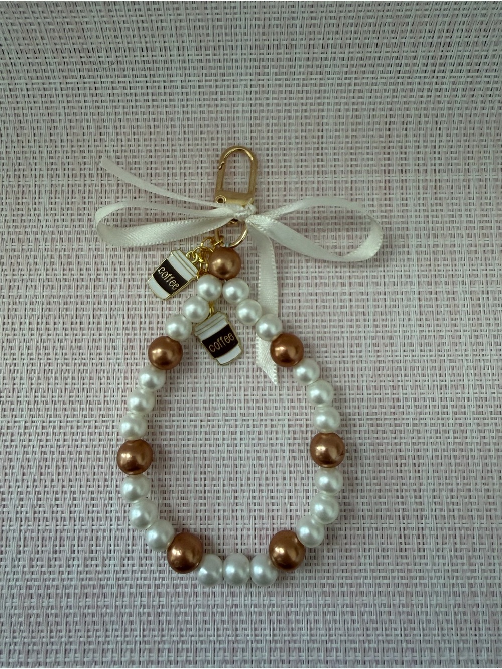 Pearl & Gold-Tone Beaded Keyring Charm with Coffee Cup Charms